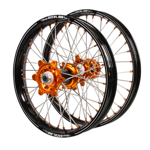 KTM Talon Carbon Fibre Orange Hubs / A60 Black Rims Wheel Set 125 EXC 2003-2015 (21*1.6 / 18*2.15 OE)