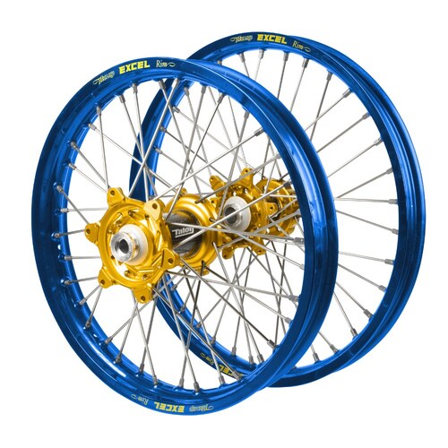Suzuki Talon Carbon Fibre Gold Hubs / Excel Blue Rims Wheel Set RMX 450 2010-2019 (21*1.6 / 18*2.15 OE Cannot use OEM Speedo)