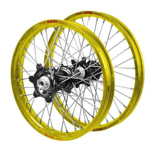 Suzuki RM-Z 250 2007-2026 (21*1.60 / 18*2.15) Talon Carbon Fibre Black Hubs / Excel Yellow Rims Wheel Set