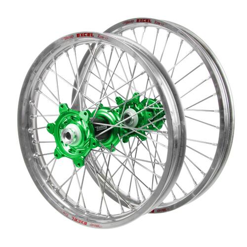 Kawasaki Talon Carbon Fibre Green Hubs / Excel Silver Rims Wheel Set KX 125 2006-2008 (21*1.6 / 18*2.15)