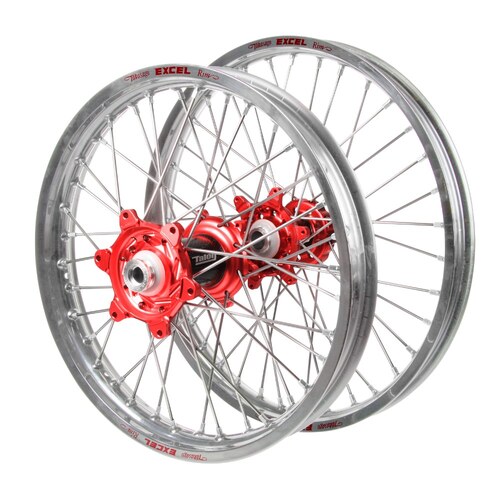 Gas Gas Talon Carbon Fibre Red Hubs / Excel Silver Rims Wheel Set EC 300 2021-2023 (21*1.6 / 18*2.15 OE)