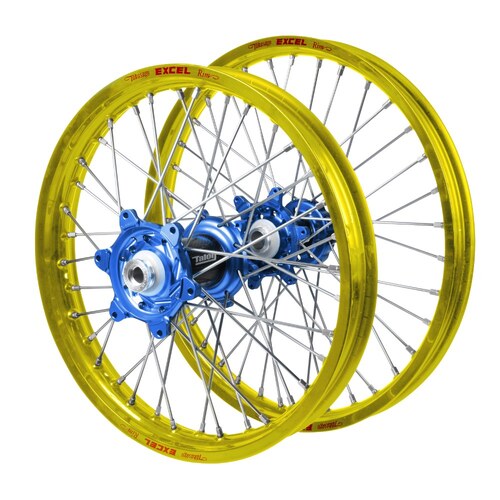 Husqvarna Talon Carbon Fibre Blue Hubs / Excel Yellow Rims Wheel Set FX 350 HERITAGE 2023 (21*1.6 / 18*2.15 OE)