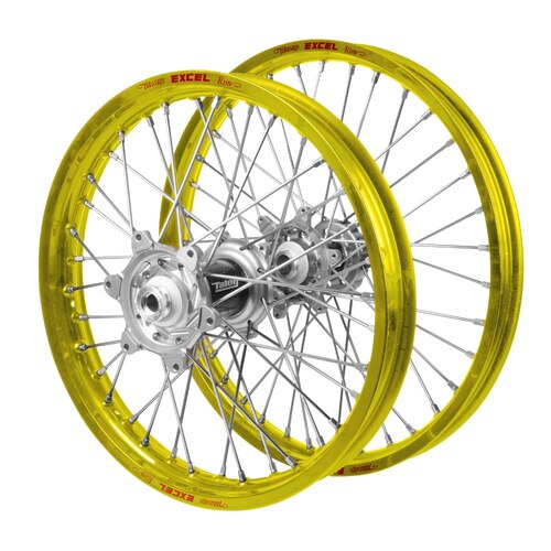 Husqvarna Talon Carbon Fibre Silver Hubs / Excel Yellow Rims Wheel Set FX 350 HERITAGE 2023 (21*1.6 / 18*2.15 OE)