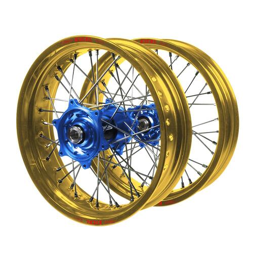 Husqvarna Talon Carbon Fibre Blue Hubs / Excel Gold Rims Supermotard Wheel Set TE 250 2016-2023 (17*3.50 / 17*4.25)