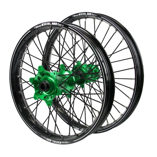Kawasaki Haan Green Hubs / A60 Black Rims / Black Spokes Wheel Set KLX 450 R 2007-2024 (21*1.6 / 18*2.15 OE Cannot use OEM Speedo)