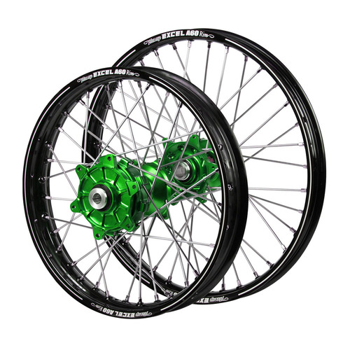Kawasaki Haan / A60 Enduro Cush Drive Black Rims / Green Hubs Wheel Set