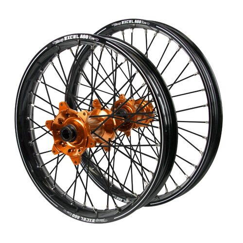 Husqvarna Haan Orange Hubs / A60 Black Rims / Black Spokes Wheel Set FC 450 ROCKSTAR EDITION 2018-2021 (21*1.6 / 18*2.15)
