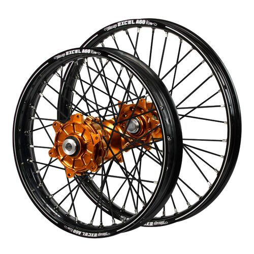 Husqvarna Haan Cush Drive Orange Hubs / A60 Black Rims / Black Spokes Wheel Set FC 450 ROCKSTAR EDITION 2018-2021 (21*1.6 / 18*2.15)