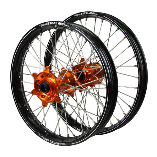 Gas Gas EC 250 2021-2023 (21*1.60 / 18*2.15 OE) Haan Orange Hubs / A60 Black Rims Wheel Set