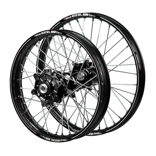 Gas Gas EC 250 2021-2023 (21*1.60 / 18*2.15 OE) Haan Cush Drive Black Hubs / A60 Black Rims Wheel Set