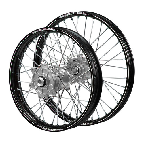 Gas Gas EC 250 2021-2023 (21*1.60 / 18*2.15 OE) Haan Cush Drive Silver Hubs / A60 Black Rims Wheel Set