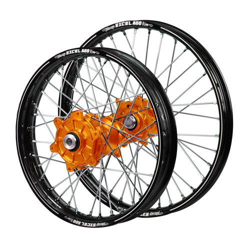 Gas Gas EC 250 2021-2023 (21*1.60 / 18*2.15 OE) Haan Cush Drive Orange Hubs / A60 Black Rims Wheel Set