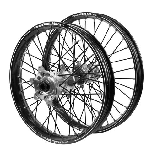 Suzuki Haan Silver Hubs / A60 Black Rims / Black Spokes Wheel Set