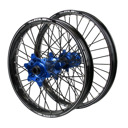Yamaha WR 250 F 2025-2026 (21*1.6 / 18*2.15) Haan Blue Hubs / A60 Black Rims / Black Nipples / Silver Spokes Wheel Set