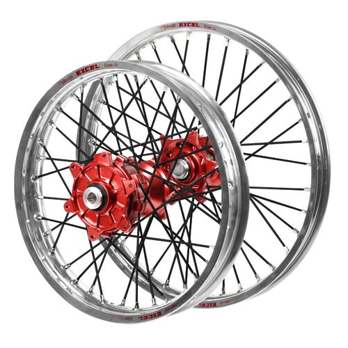 Honda Haan Cush Drive Red Hubs / Excel Silver Rims / Black Spokes Wheel Set