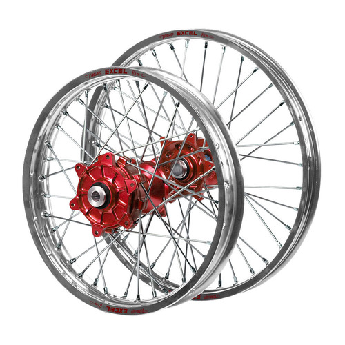 Honda Haan / Excel Enduro Cush Drive Silver Rims / Red Hubs Wheel Set