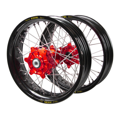 Honda Haan Cush Drive Red Hubs / Excel Black Rims Supermoto Wheel Set CRF 250 R 2014-2024 (17*3.5 / 17*4.25)