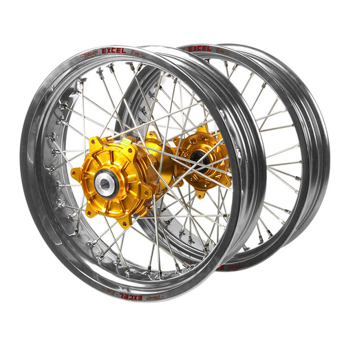 Honda Haan Cush Drive Gold Hubs / Excel Silver Rims Supermoto Wheel Set CRF 250 R 2014-2024 (17*3.5 / 17*4.25)
