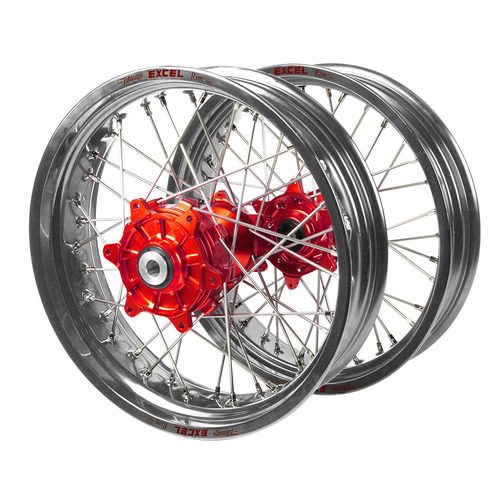 Honda Haan / Excel Supermoto Cush Drive Silver Rims / Red Hubs Wheel Set