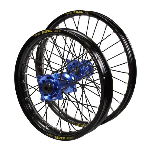 Kawasaki Haan Blue Hubs / Excel JNR Black Rims / Black Spokes Wheel Set KX 85 2001-2024 (17*1.40 / 14*1.60 OE)
