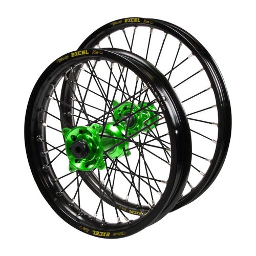 Kawasaki Haan Green Hubs / Excel JNR Black Rims / Black Spokes Wheel Set KX 85 2001-2024 (17*1.40 / 14*1.60 OE)