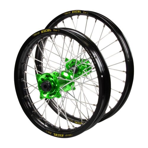 Kawasaki Haan Green Hubs / Excel JNR Black Rims Wheel Set KX 85 2000-2024 (17*1.40 / 14*1.60)
