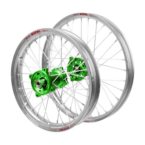 Kawasaki Haan Green Hubs / Excel JNR Silver Rims Wheel Set KX 85 2000-2024 (17*1.40 / 14*1.60)