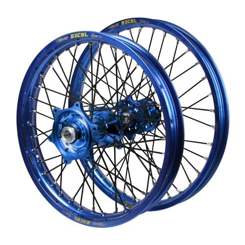Kawasaki KX 250 F 2006-2020 (21*1.60 / 18*2.15) Haan Blue Hubs / Excel Blue Rims / Black Spokes Wheel Set