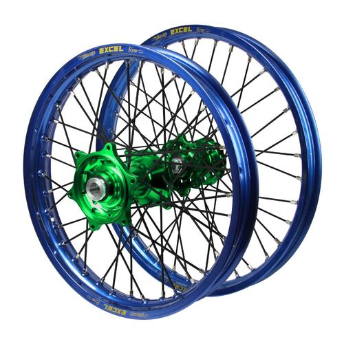 Kawasaki KX 450 F 2019-2026 (21*1.60 / 18*2.15) Haan Green Hubs / Excel Blue Rims / Black Spokes Wheel Set