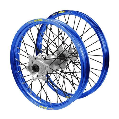 Kawasaki KX 450 F 2019-2026 (21*1.60 / 18*2.15) Haan Silver Hubs / Excel Blue Rims / Black Spokes Wheel Set