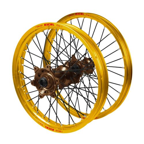Kawasaki KX 450 F 2019-2026 (21*1.60 / 18*2.15) Haan Magnesium Hubs / Excel Gold Rims / Black Spokes Wheel Set