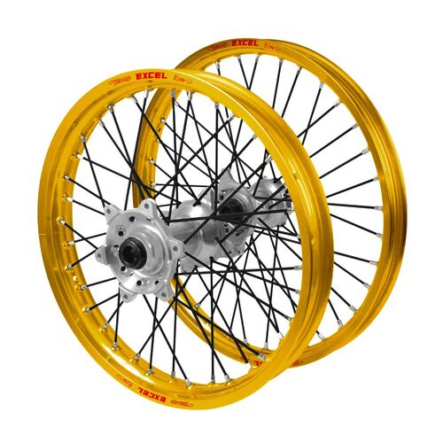 Kawasaki KX 450 F 2019-2026 (21*1.60 / 18*2.15) Haan Silver Hubs / Excel Gold Rims / Black Spokes Wheel Set