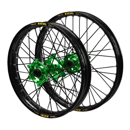Kawasaki Haan Green Hubs / Excel Black Rims / Black Spokes Wheel Set