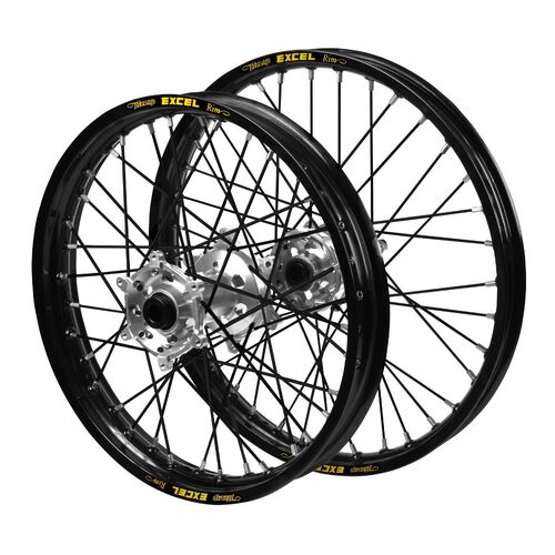 Kawasaki KX 450 F 2019-2026 (21*1.60 / 18*2.15) Haan Silver Hubs / Excel Black Rims / Black Spokes Wheel Set