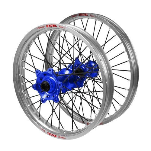Kawasaki KX 250 F 2006-2020 (21*1.60 / 18*2.15) Haan Blue Hubs / Excel Silver Rims / Black Spokes Wheel Set