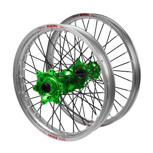 Kawasaki KX 450 F 2019-2026 (21*1.60 / 18*2.15) Haan Green Hubs / Excel Silver Rims / Black Spokes Wheel Set