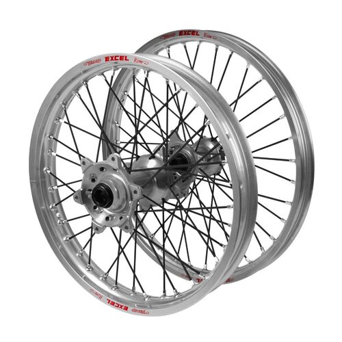 Kawasaki KX 450 F 2019-2026 (21*1.60 / 18*2.15) Haan Silver Hubs / Excel Silver Rims / Black Spokes Wheel Set