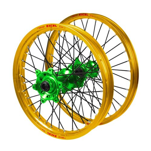 Kawasaki KX 450 F 2019-2026 (21*1.60 / 18*2.15) Haan Green Hubs / Excel Gold Rims / Black Spokes Wheel Set
