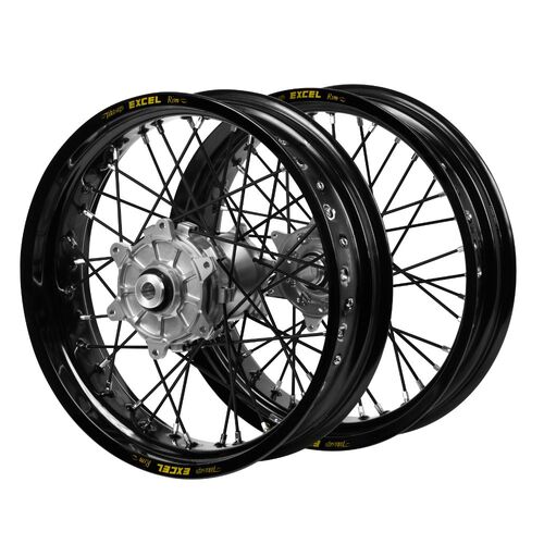 Kawasaki Haan Cush Drive Silver Hubs / Excel Black Rims Supermoto / Black Spokes Wheel Set