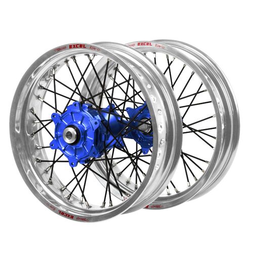 Kawasaki Haan Cush Drive Blue Hubs / Excel Silver Rims Supermoto / Black Spokes Wheel Set