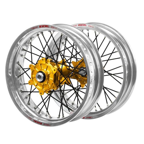 Kawasaki Haan Cush Drive Gold Hubs / Excel Silver Rims Supermoto / Black Spokes Wheel Set