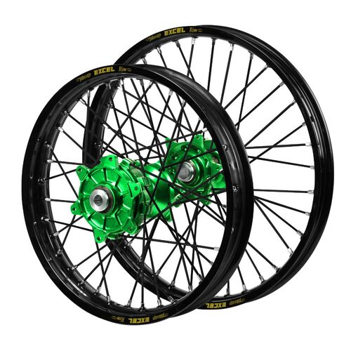 Kawasaki KX 450 F 2019-2026 (21*1.60 / 18*2.15) Haan Cush Drive Green Hubs / Excel Black Rims / Black Spokes Wheel Set