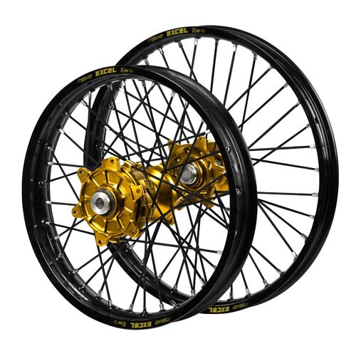 Kawasaki KX 450 F 2019-2026 (21*1.60 / 18*2.15) Haan Cush Drive Gold Hubs / Excel Black Rims / Black Spokes Wheel Set