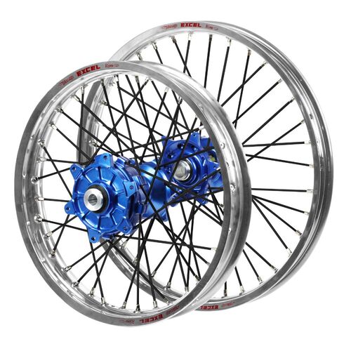 Kawasaki KX 450 F 2019-2026 (21*1.60 / 18*2.15) Haan Cush Drive Blue Hubs / Excel Silver Rims / Black Spokes Wheel Set
