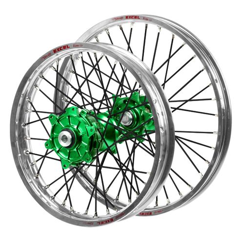 Kawasaki KX 450 F 2019-2026 (21*1.60 / 18*2.15) Haan Cush Drive Green Hubs / Excel Silver Rims / Black Spokes Wheel Set