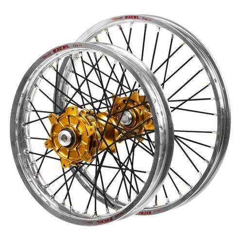 Kawasaki KX 450 F 2019-2026 (21*1.60 / 18*2.15) Haan Cush Drive Gold Hubs / Excel Silver Rims / Black Spokes Wheel Set