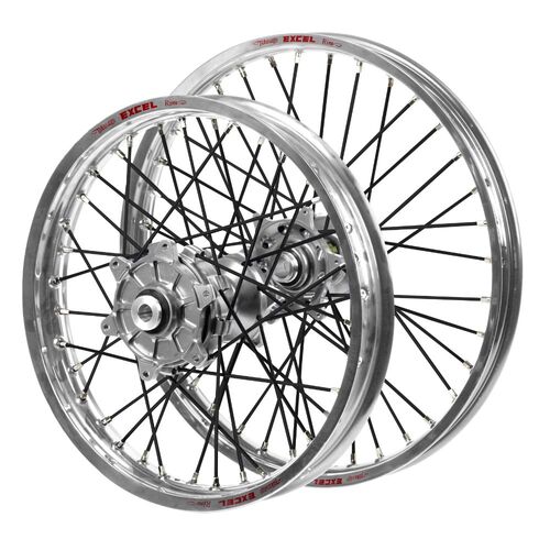 Kawasaki KX 450 F 2019-2026 (21*1.60 / 18*2.15) Haan Cush Drive Silver Hubs / Excel Silver Rims / Black Spokes Wheel Set