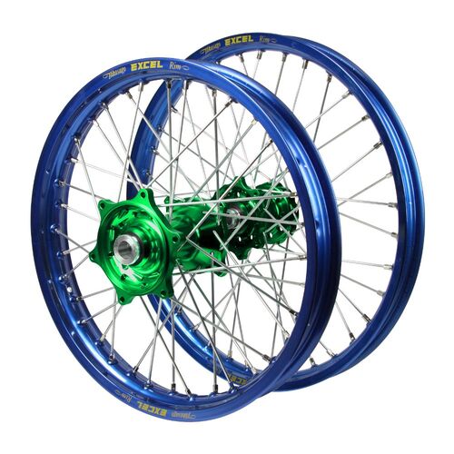 Kawasaki KX 450 F 2019-2026 (21*1.60 / 18*2.15) Haan Green Hubs / Excel Blue Rims Wheel Set