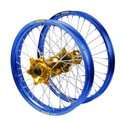 Kawasaki KX 450 F 2019-2026 (21*1.60 / 18*2.15) Haan Gold Hubs / Excel Blue Rims Wheel Set