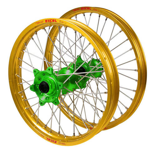 Kawasaki Haan / Excel SNR MX Gold Rims / Green Hubs Wheel Set